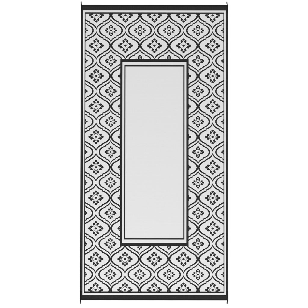 Reversible Outdoor Rug, Waterproof Plastic Straw with Carry Bag, 9' x 18', Black & White Gourd Border