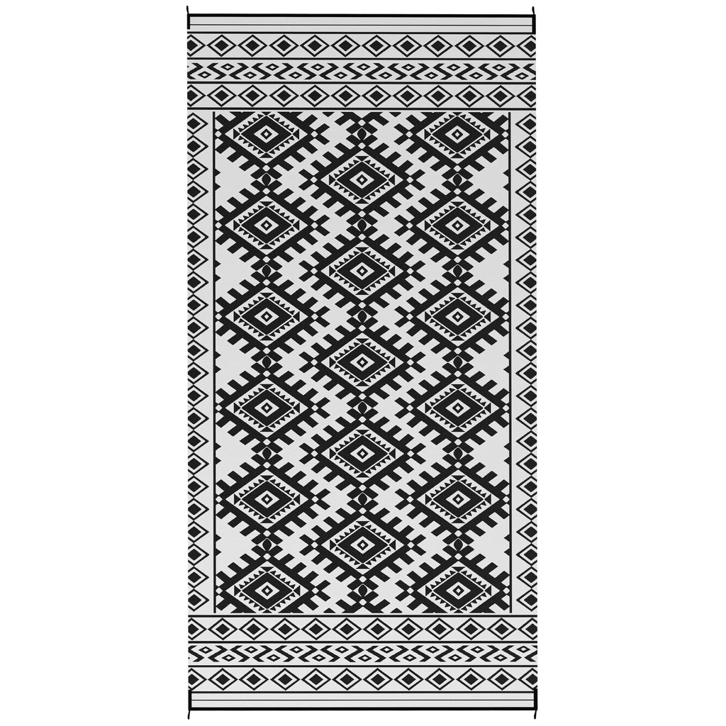 Reversible Outdoor Rug, Waterproof Plastic Straw with Carry Bag, 9' x 18', Black & White Rhombus Border