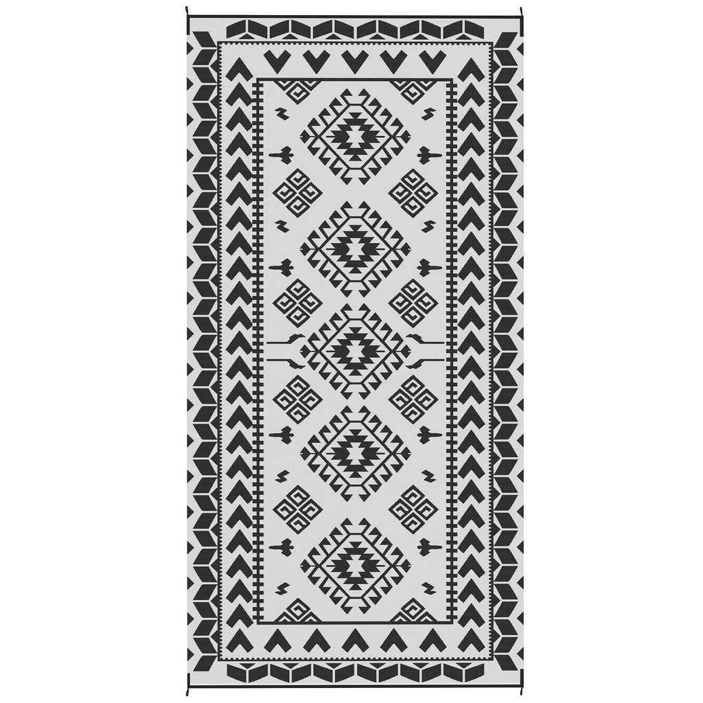 Reversible Outdoor Rug, Waterproof Plastic Straw with Carry Bag, 9' x 18', Black & White Rhombus Patchwork