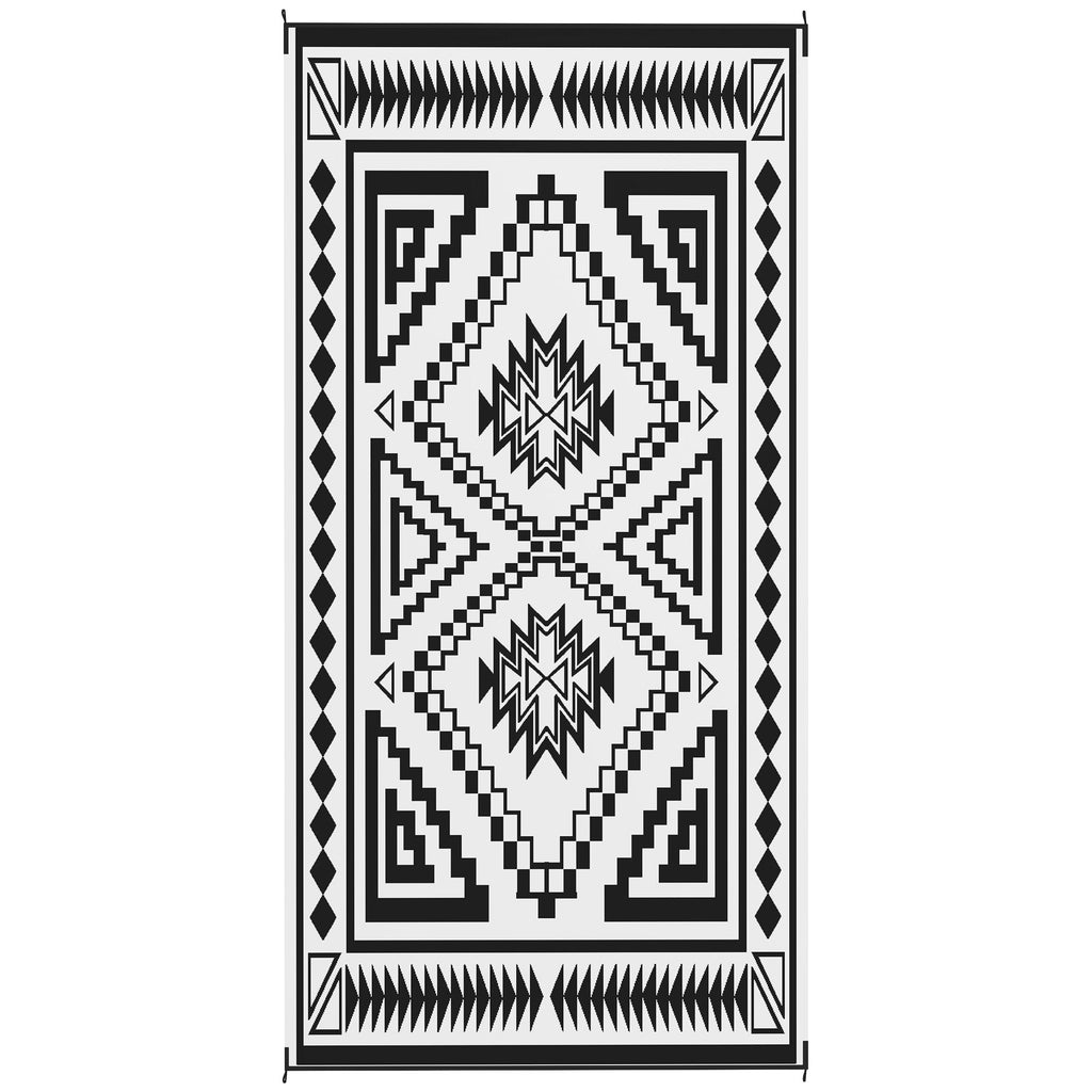 Reversible Outdoor Rug, Waterproof Plastic Straw with Carry Bag, 9' x 18', Black & White Square Patchwork