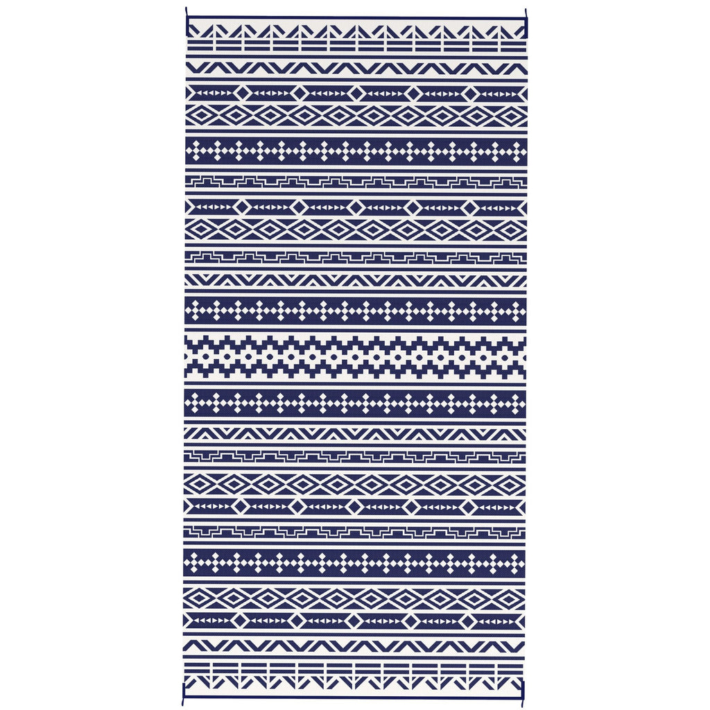 Reversible Outdoor Rug, Waterproof Plastic Straw with Carry Bag, 9' x 18', Blue & White Geometric Wall