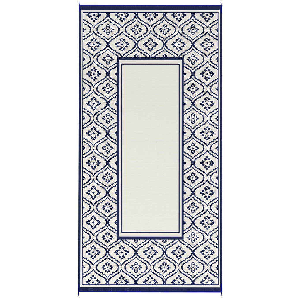 Reversible Outdoor Rug, Waterproof Plastic Straw with Carry Bag, 9' x 18', Blue & White Gourd Border