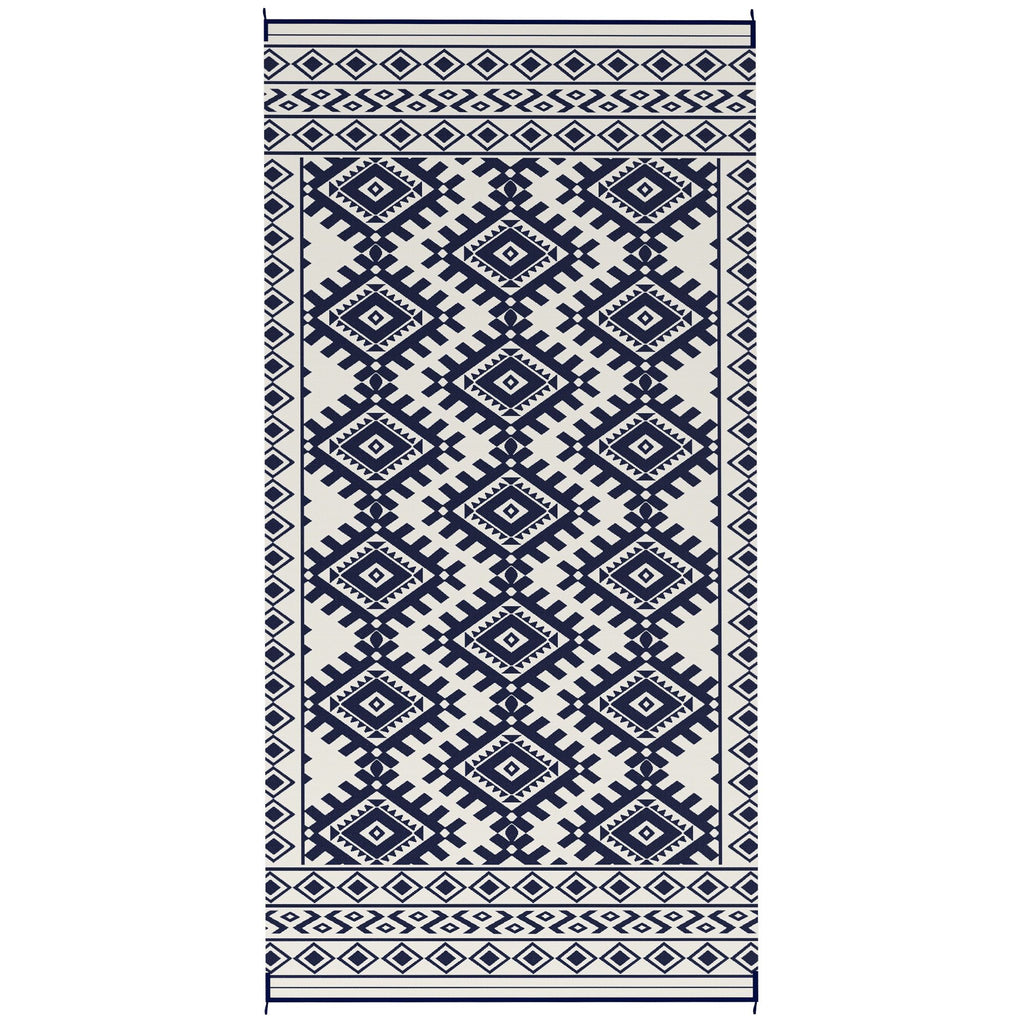 Reversible Outdoor Rug, Waterproof Plastic Straw with Carry Bag, 9' x 18', Blue & White Rhombus Border