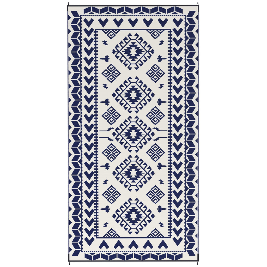 Reversible Outdoor Rug, Waterproof Plastic Straw with Carry Bag, 9' x 18', Blue & White Rhombus Patchwork