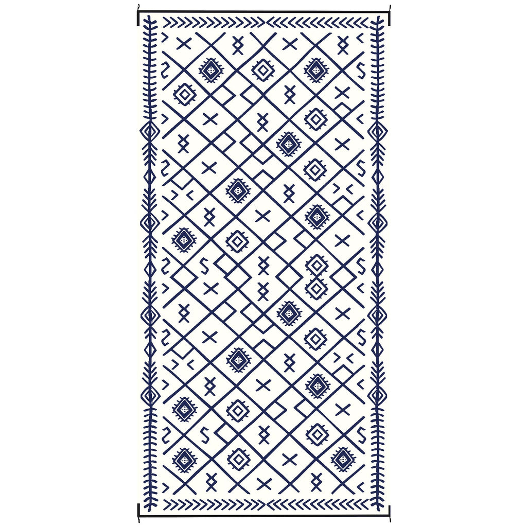 Reversible Outdoor Rug, Waterproof Plastic Straw with Carry Bag, 9' x 18', Blue & White Rhombus