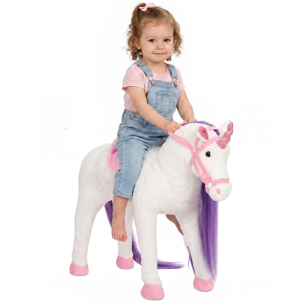 Ride on Horse for Kids 2+ Years, Toddler Riding Horse with Neighing, Stuffed Animal Horse Toy with Padding, White