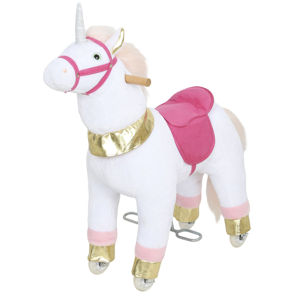 Ride on Unicorn Toy for Kids 3-5 Years, 29.5 Inch Plush Baby Rocking Horse with Wheels, No Battery Required, White