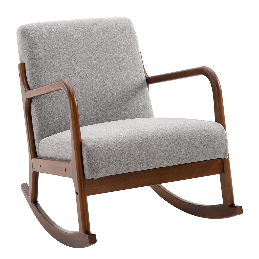Rocking Armchair Upholstered Wood Base Linen Fabric Grey for Living Room