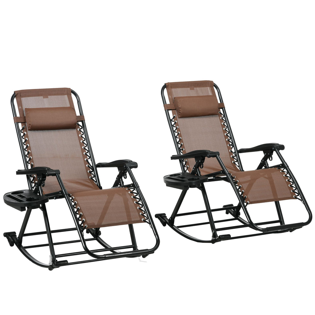 Rocking Chair Set, Outdoor Foldable Reclining Zero Gravity with Pillow, Cup & Phone Holder, Brown