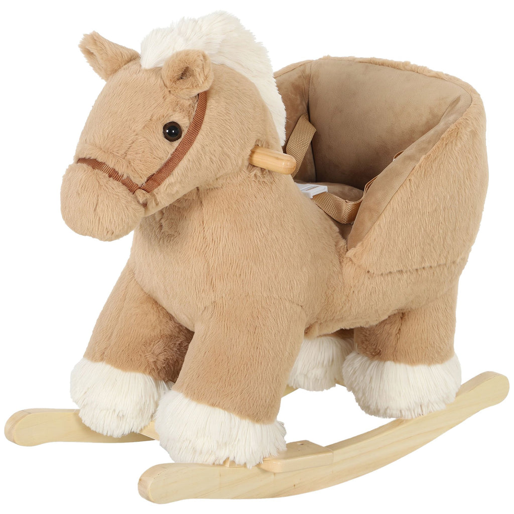 Rocking Horse with Seat Belt, Plush Ride-On Rocker with Realistic Sound for Toddlers Ages 18-36 Months, Brown