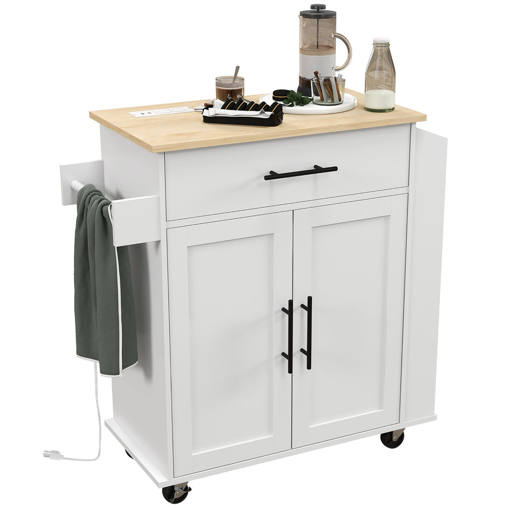 Rollable Kitchen Island with Power Outlets, Drawer, Doors & Versatile Storage on Wheels, White