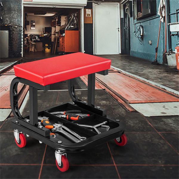 Rolling Creeper with Classified Tool Tray and Cushioned Seat Black & Rer