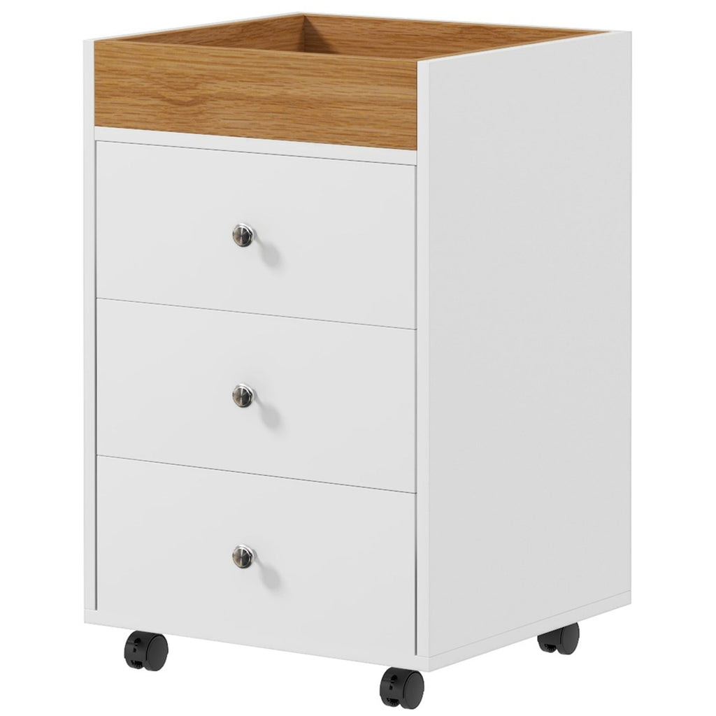 Rolling File Cabinet on Wheels, Mobile Home Office Storage Cabinet with 3 Drawer & Top Tray, Space Saving Printer Stand, White