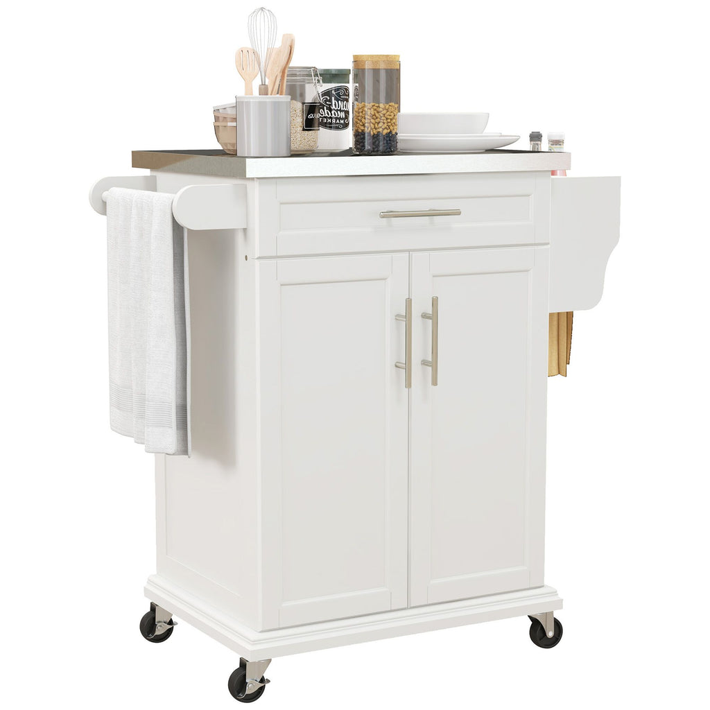 Rolling Island on Wheels, Kitchen Island Cart with Drawer, Towel Rack & Stainless Steel Countertop for Dining, Cream White