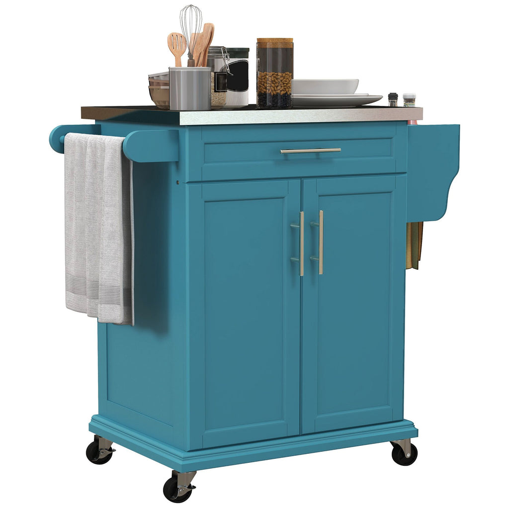 Rolling Island on Wheels, Small Kitchen island cart with Storage, Stainless Steel Countertop for Dining Room, Blue