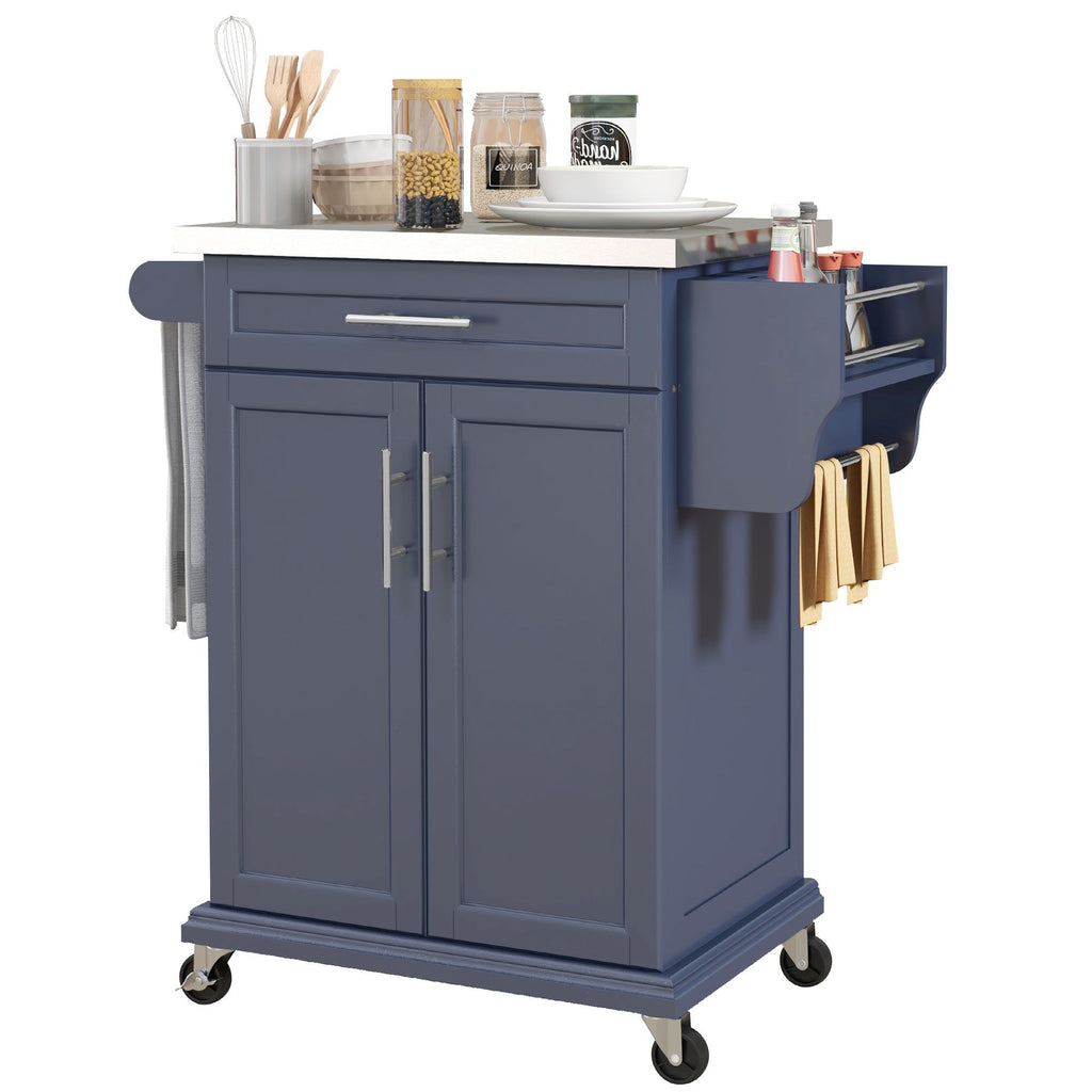 Rolling Island on Wheels, Small Kitchen island cart with Storage, Stainless Steel Countertop for Dining Room, Deep Blue