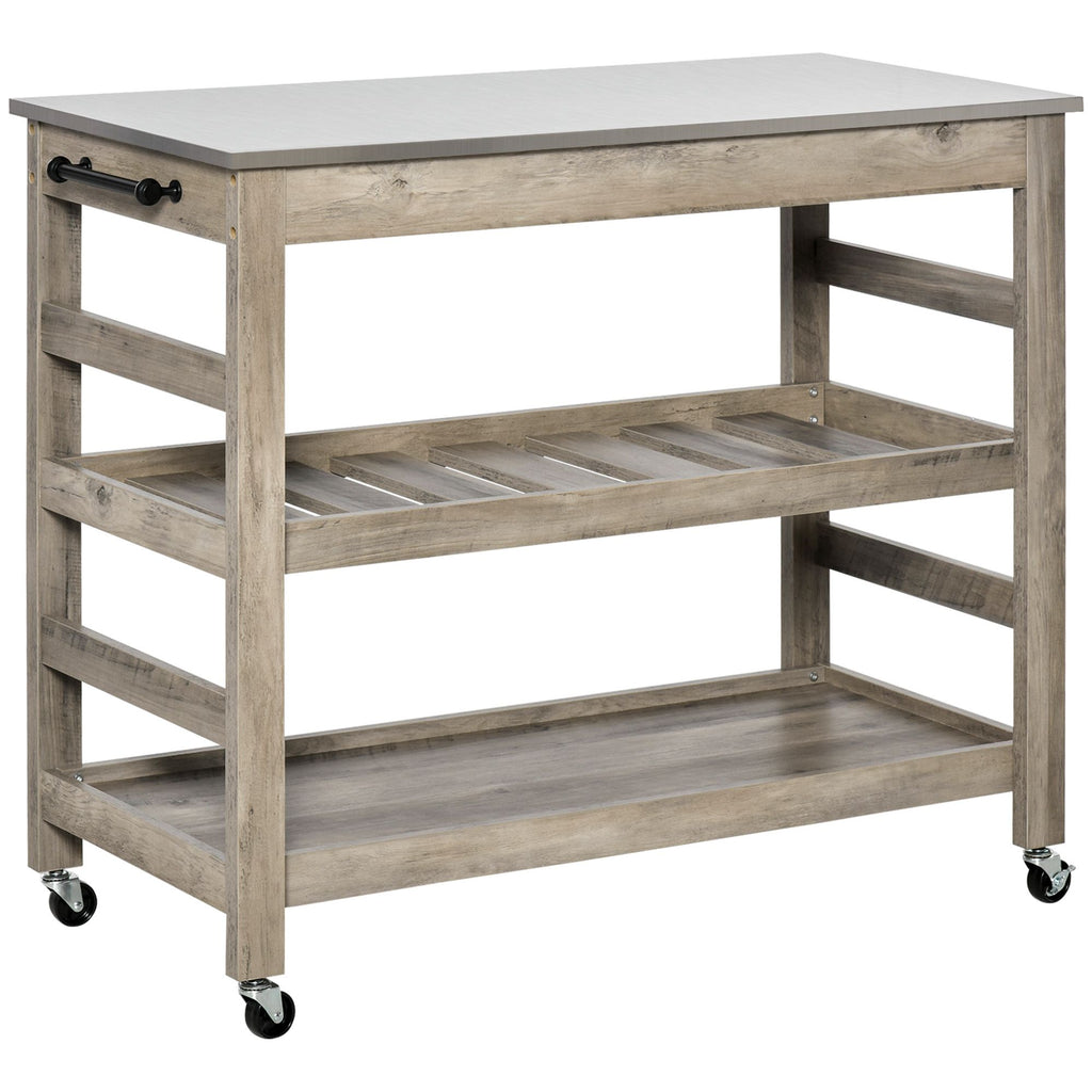 Rolling Kitchen Cart, Gray, with Stainless Steel Countertop, Bottom Shelf, Slotted Middle Shelf, 4 Castor Wheels