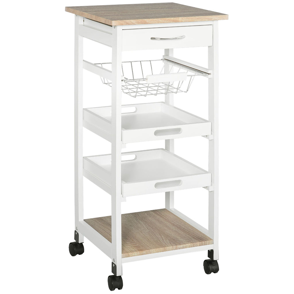 Rolling Kitchen Cart Kitchen Trolley, Mobile Prep Station with Drawer, Shelves, Basket, White