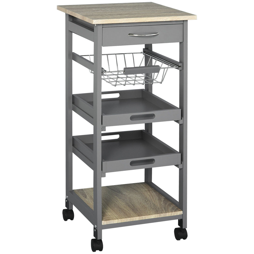 Rolling Kitchen Cart with Pull-Out Tray, Slide-Out Basket, and Rolling Island, Gray