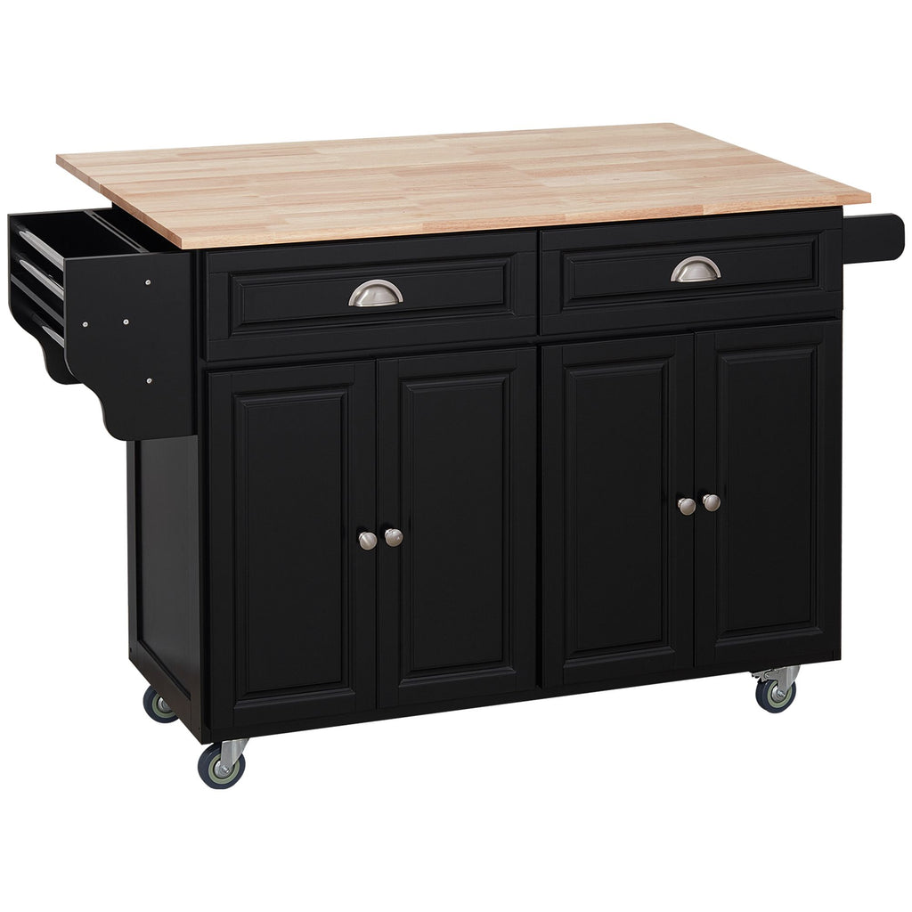 Rolling Kitchen Island, Black, with Drop-Leaf, Rubber Wood Countertop, Storage Drawers & Door Cabinets