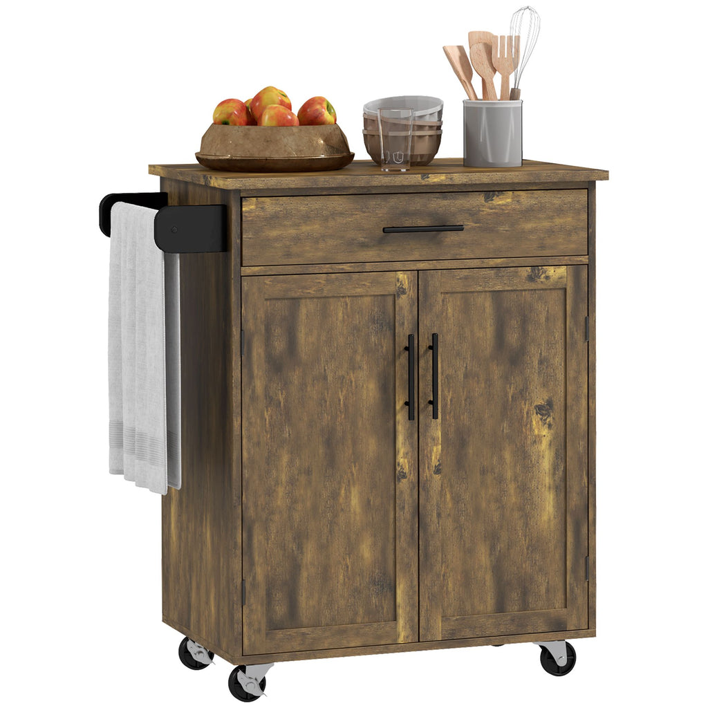 Rolling Kitchen Island Cart, Rustic Brown, with Drawer, Storage Cabinet, and Towel Rack