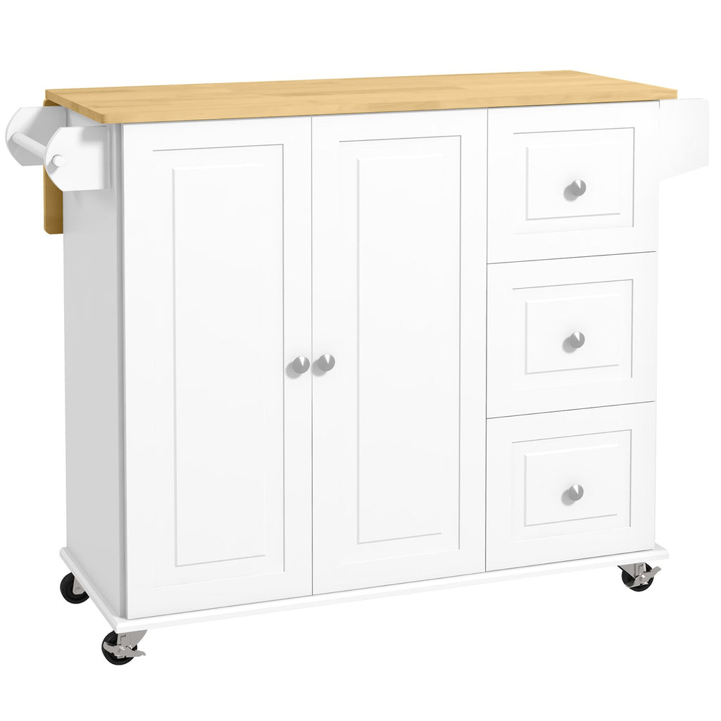 Rolling Kitchen Island Cart with Drop Leaf, 3 Drawers, Cabinet, Natural Wood Top, Spice & Towel Rack, White