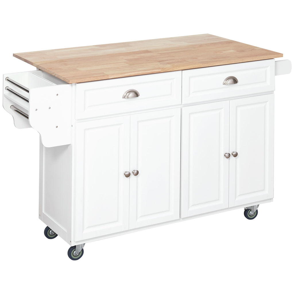 Rolling Kitchen Island Utility Cart, White, with Drop-Leaf, Rubber Wood Countertop