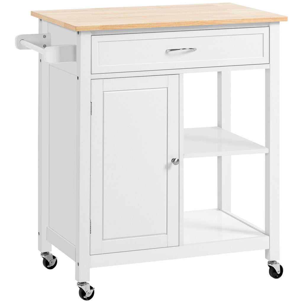 Rolling Kitchen Island, White, with Open Shelf & Storage Drawer