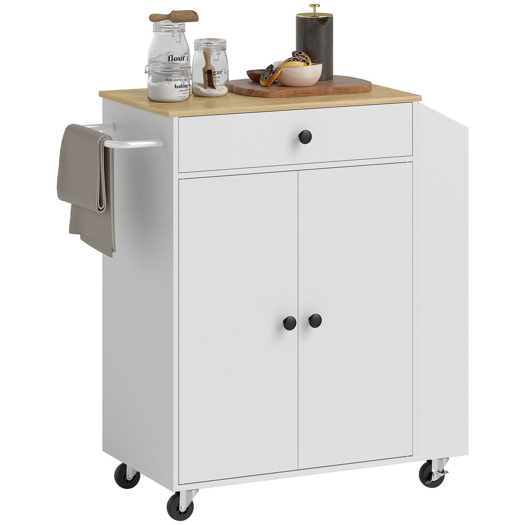 Rolling Kitchen Island with Tabletop, Kitchen Cart with Storage, Drawer, Cabinet, Spice Rack and Towel Bar, White