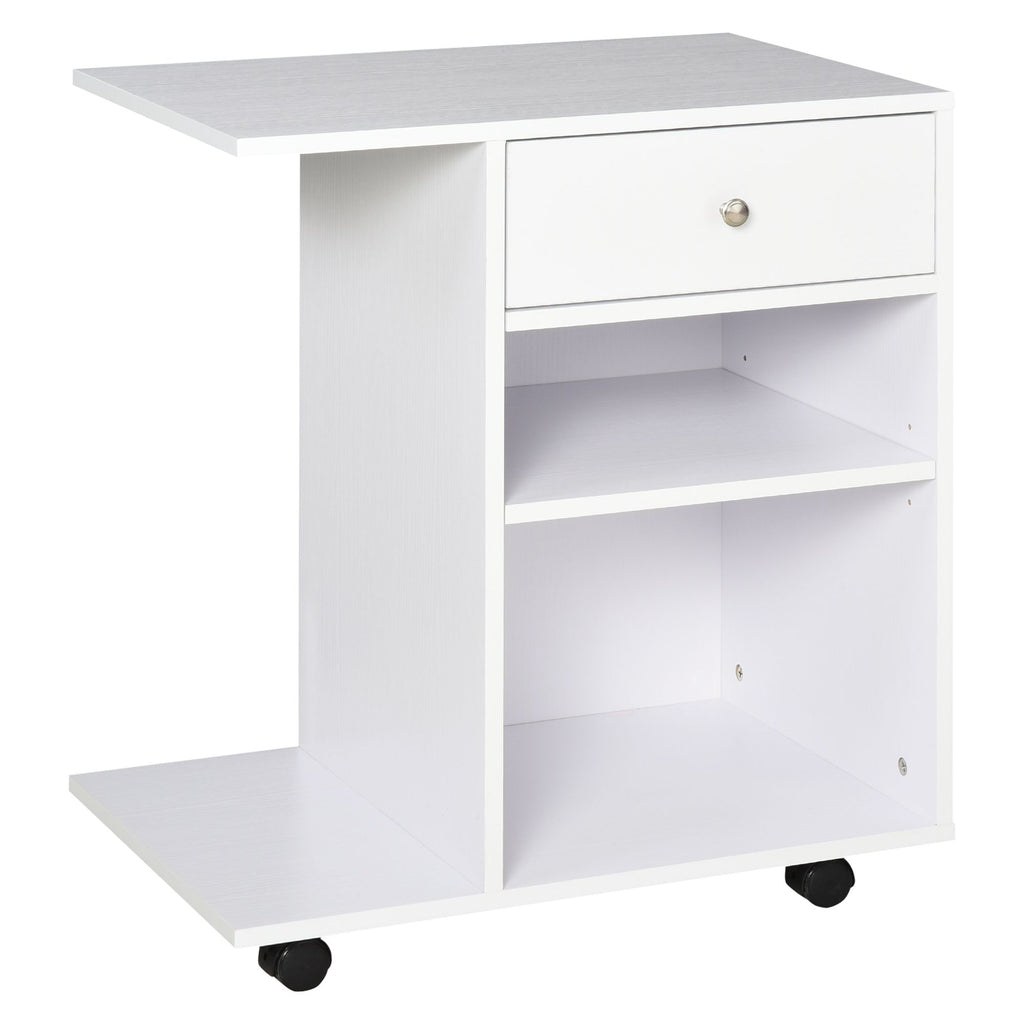 Rolling Printer Stand Desk with Wheels Adjustable Shelf Drawer CPU Holder White