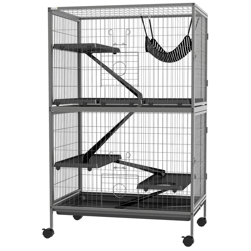 Rolling Small Animal Cage 50H with Hammock Ferret Chinchilla 4 Doors Silver