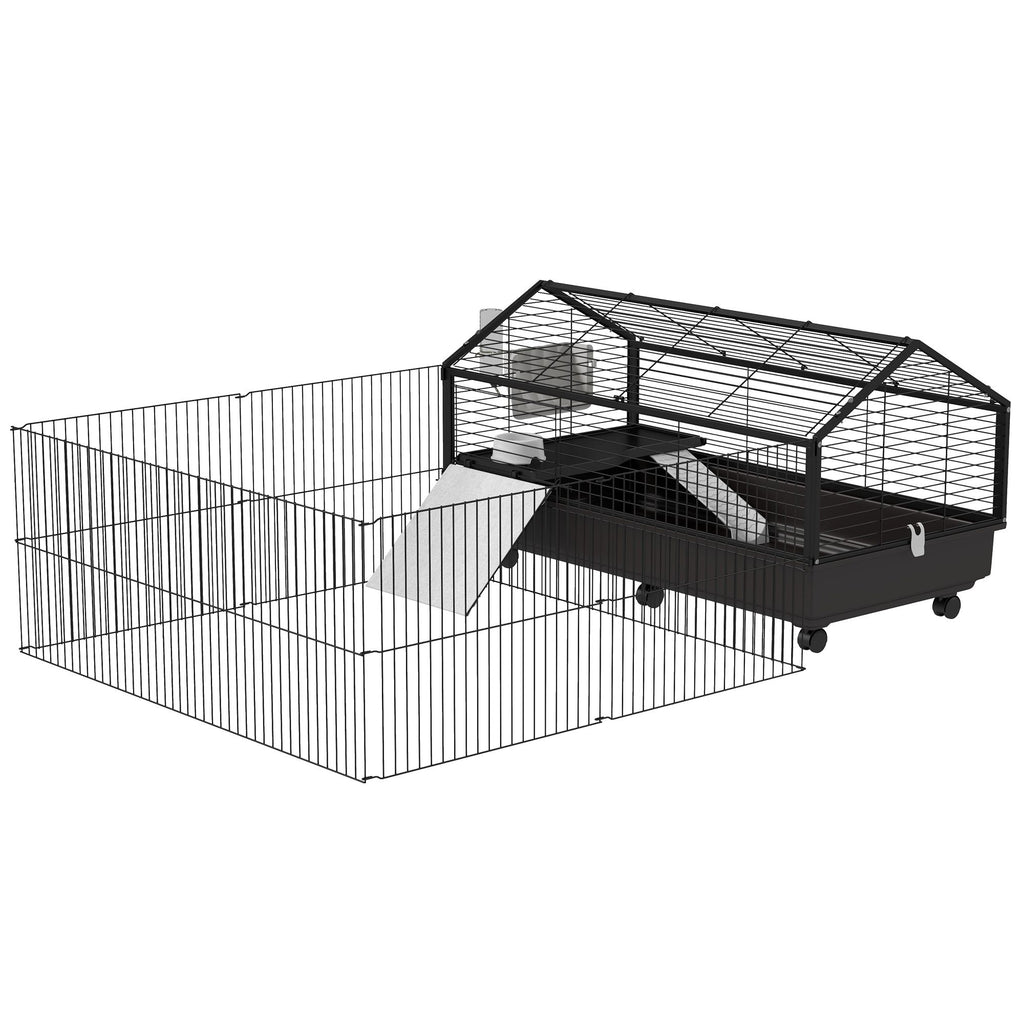 Rolling Small Animal Cage with Foldable Run Bunny Cage Black includes Water Bottle Bowl Ramps
