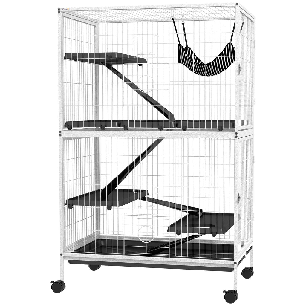 Rolling Small Pet Cage, 50" High with Hammock, Ideal for Ferrets & Chinchillas, 4 Access Doors, Silver