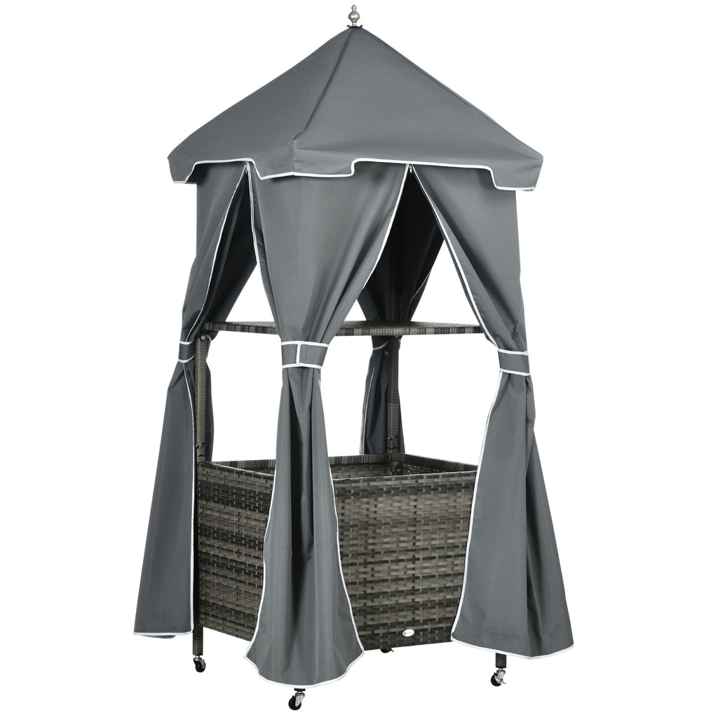 Rolling Towel Valet Caddy PE Rattan Wicker Poolside Towel Storage with Shelf Basket Gray on Wheels