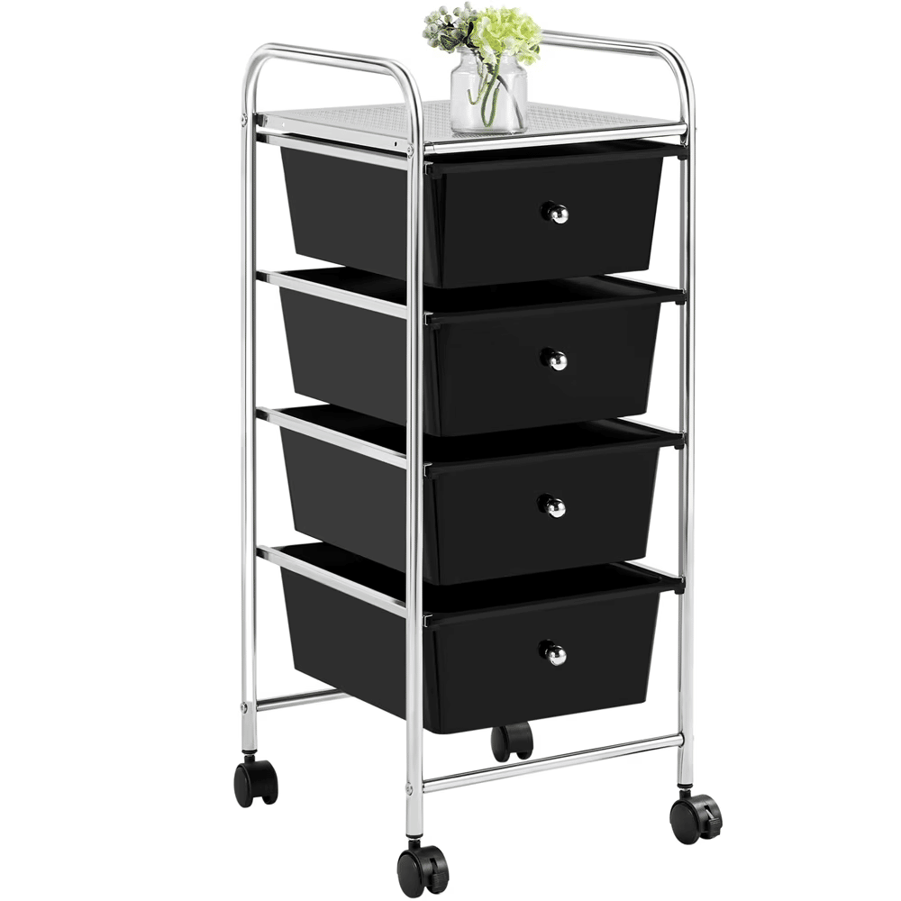 Rolling TrolleyStorageCart Bin with 4 Plastic Drawers on Wheels, Black
