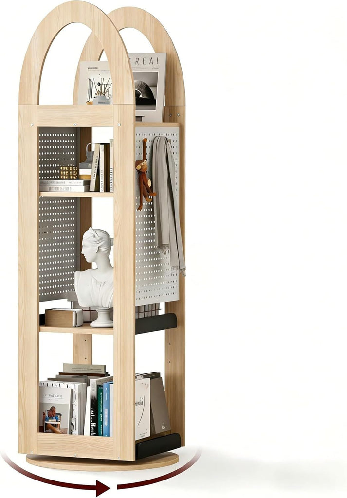 Rotating Bookshelf 4 Tier Small Corner Bookshelf for Small Space Spinning Bookcase with DIY PegBoard Space 360° Display for Office Living Room Kid's Room (White))