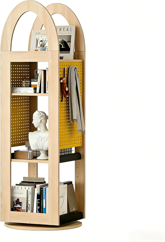 Rotating Bookshelf 4 Tier Small Corner Bookshelf for Small Space Spinning Bookcase with DIY PegBoard Space 360° Display for Office Living Room Kid's Room (Yellow)