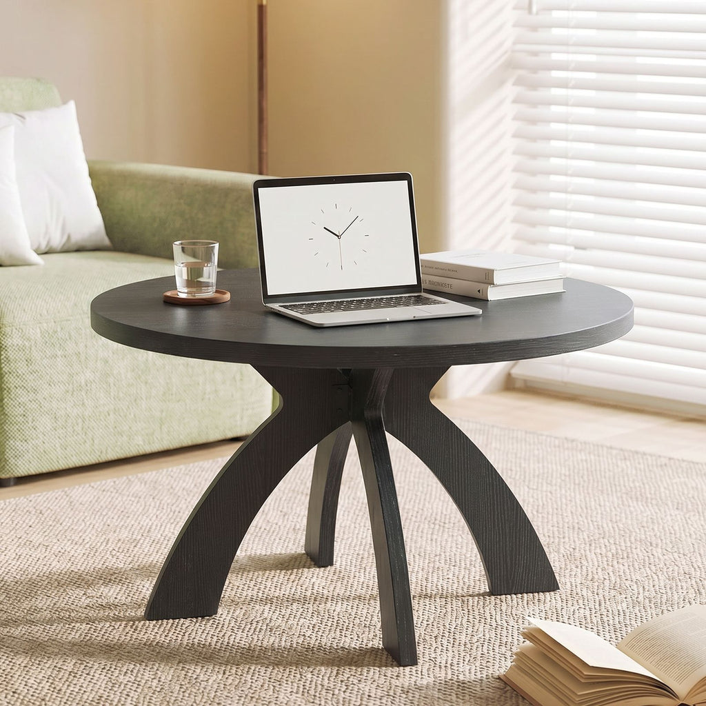 Round Coffee Table, 31.5 Inch Circular Center Table with Curved Cross Legs, Melamine Laminated MDF Accent Table for Living Room, Apartment, Black