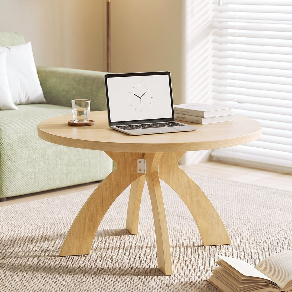 Round Coffee Table, 31.5 Inch Circular Center Table with Curved Cross Legs, Melamine Laminated MDF Minimalist Low Accent Table for Living Room, Apartment, Natural Wood Tone