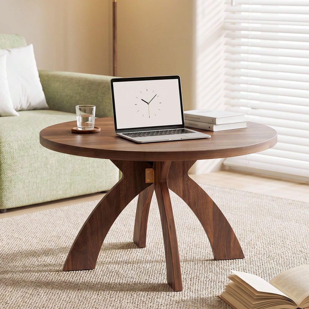 Round Coffee Table, 31.5 Inch Walnut Finish MDF Coffee Table with Curved Cross Legs, Modern Minimalist Circular Center Table for Living Room, 31.5" L 31.5" W 18" H