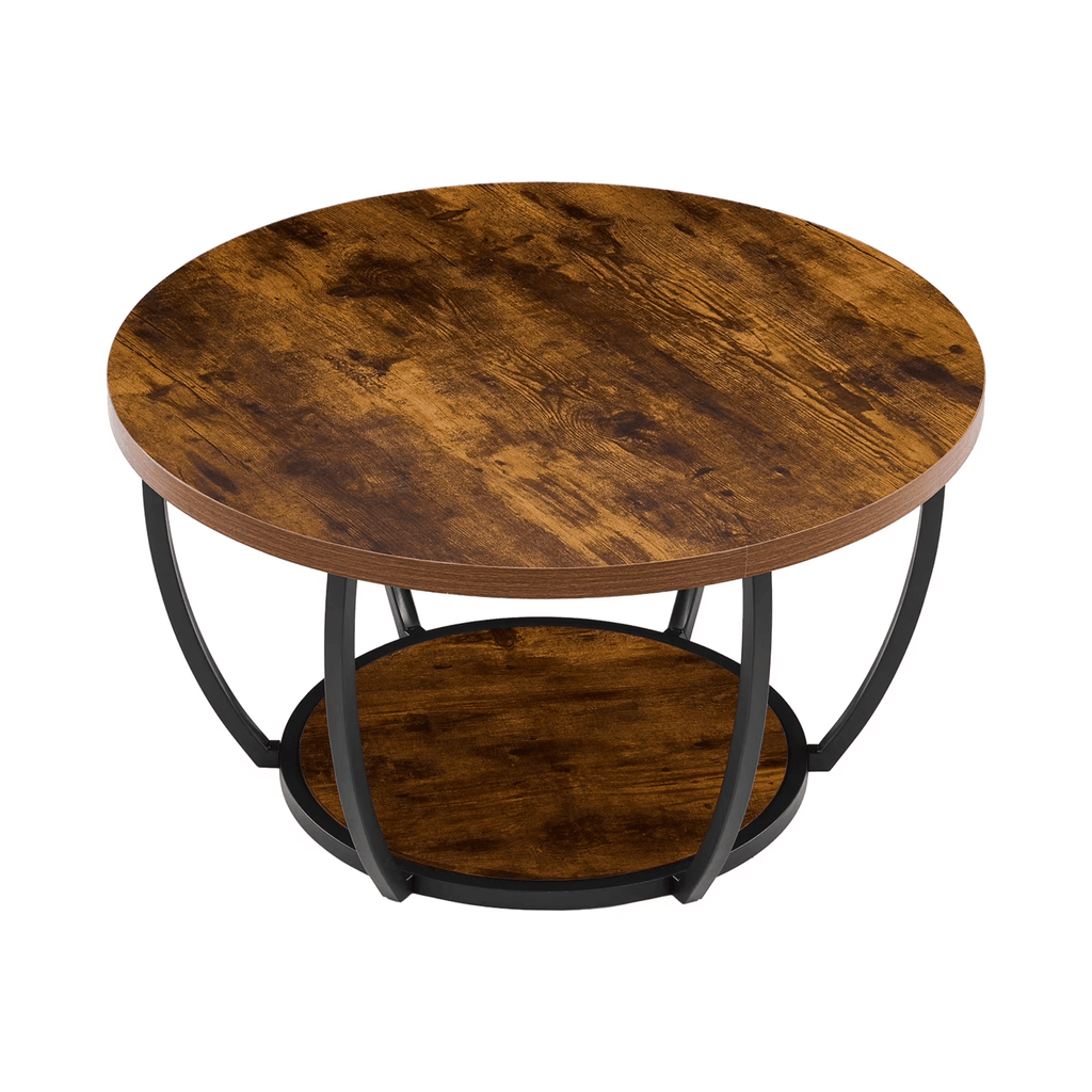 Round CoffeeTable, Modern 2-Tier Wooden CenterTablewith OpenStorage, Minimalist Metal FrameDesignforLiving Room or Office, Easy to Assemble, Rustic Brown Finish