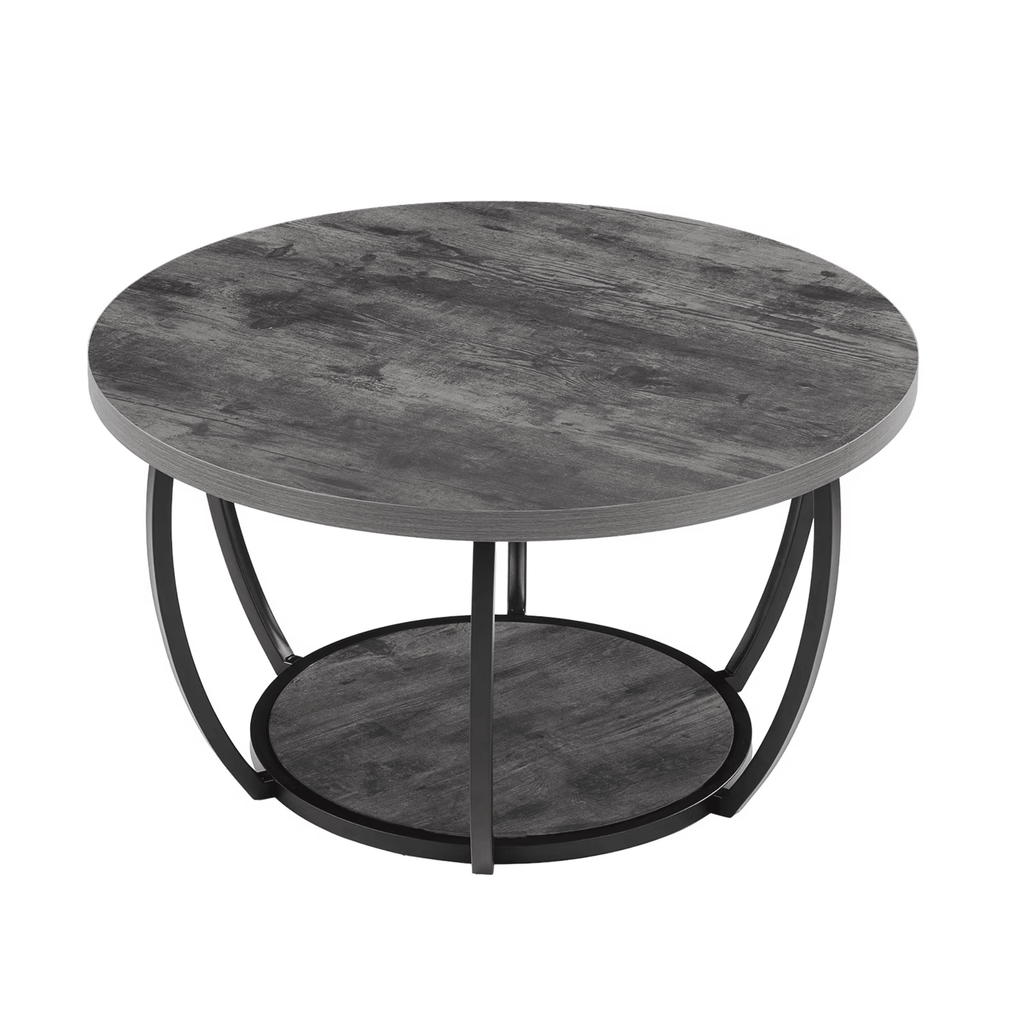 Round CoffeeTable, Modern 2-Tier Wooden CenterTablewith OpenStorage, MinimalistDesignwith Sturdy Metal FrameforLiving Room or Office, Easy to Assemble, Grey