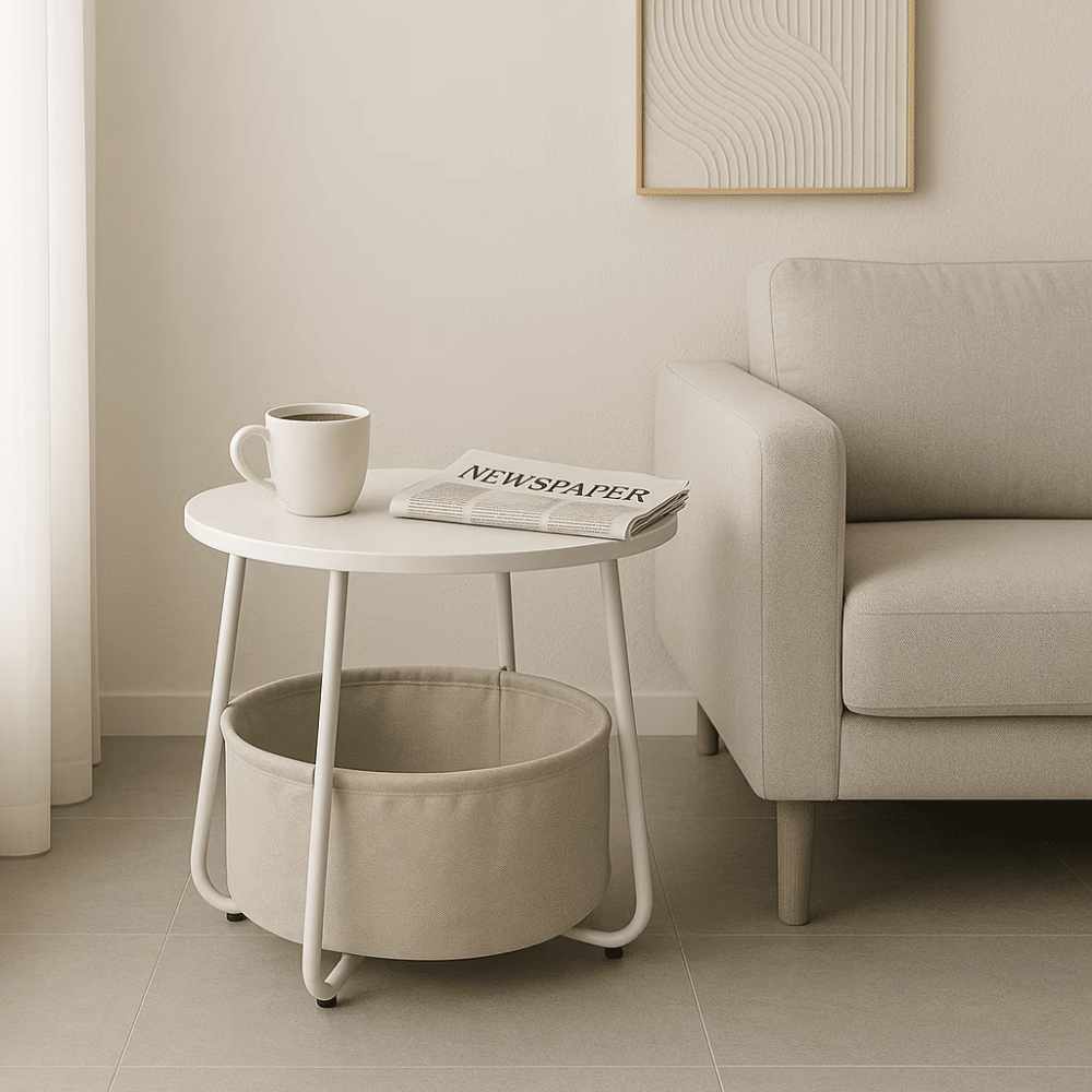 Round End Table with Storage Basket, Accent Table for Reading Nook, White (Shipment from Walmart)