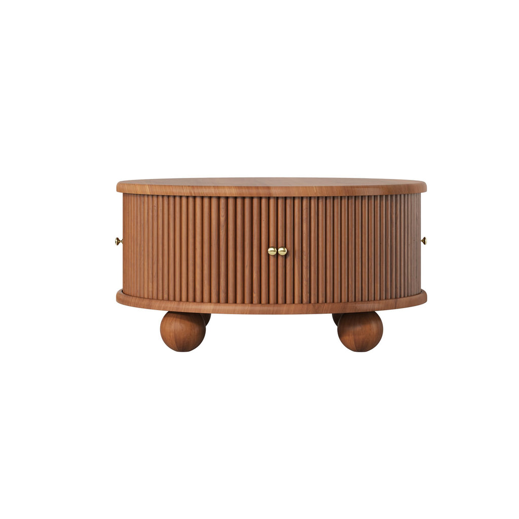 Round Fluted Coffee Table with Storage, Pine Solid Wood, Sliding Door, Walnut, 31.8"