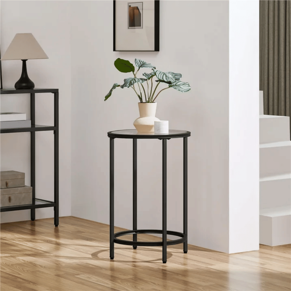 Round Metal and Glass Top Accent Table, Black