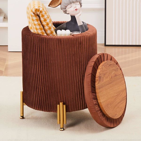Round Ottoman Foot Stool with Storage and Metal Legs Velvet Upholstered Footrest Stool Support 300lbs Modern Coffee Table Ottoman Padded Seat Furniture Decoration (Caramel)