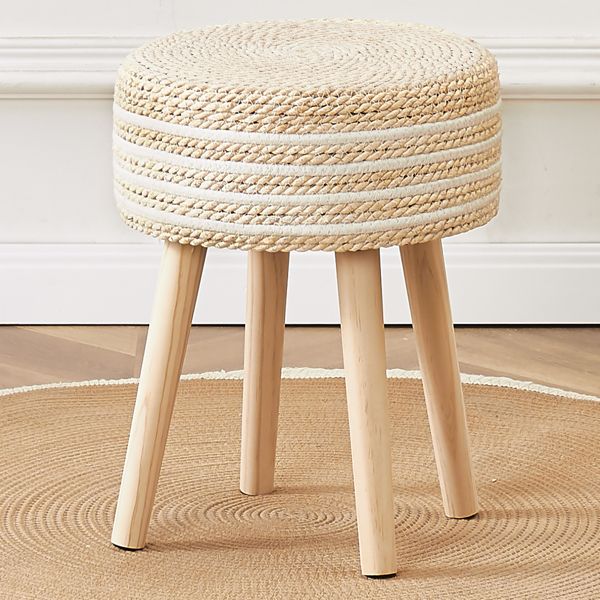Round Ottoman Footstool Natural Seagrass Foot Stool Pouf Ottomans with Solid Wood Legs Hand Weave Hyacinth Footrest Step Stool for Living Room Balcony Garden