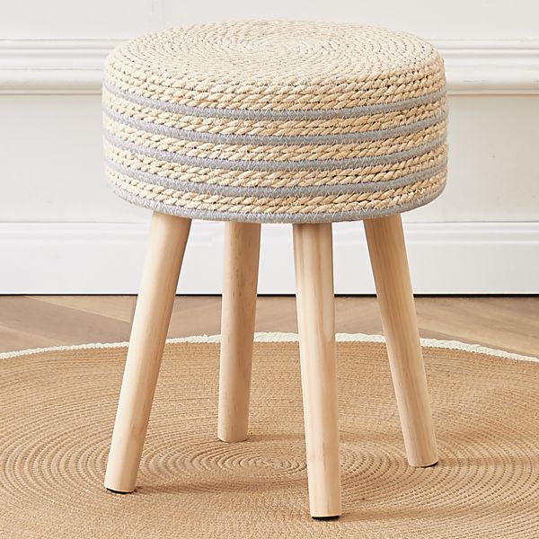 Round Ottoman Footstool Natural Seagrass Foot Stool Pouf Ottomans with Solid Wood Legs Hand Weave Hyacinth Footrest Step Stool for Living Room Balcony Garden