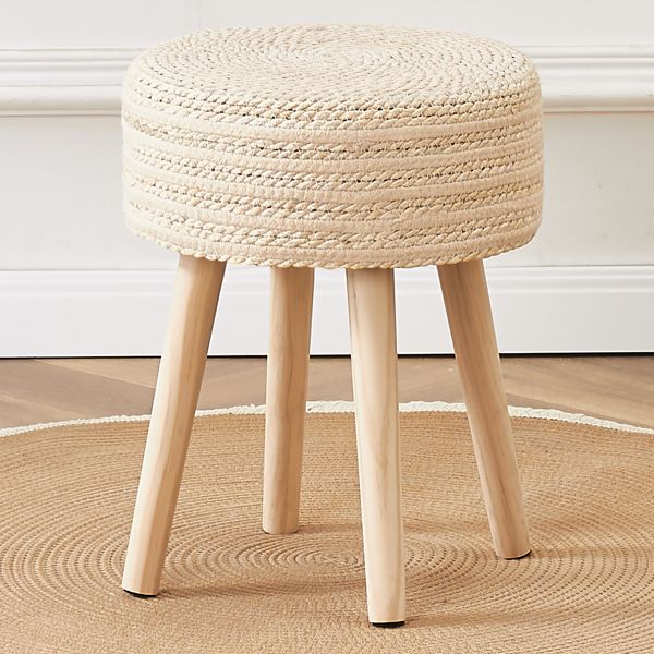 Round Ottoman Footstool Natural Seagrass Foot Stool Pouf Ottomans with Solid Wood Legs Hand Weave Hyacinth Footrest Step Stool for Living Room Balcony Garden