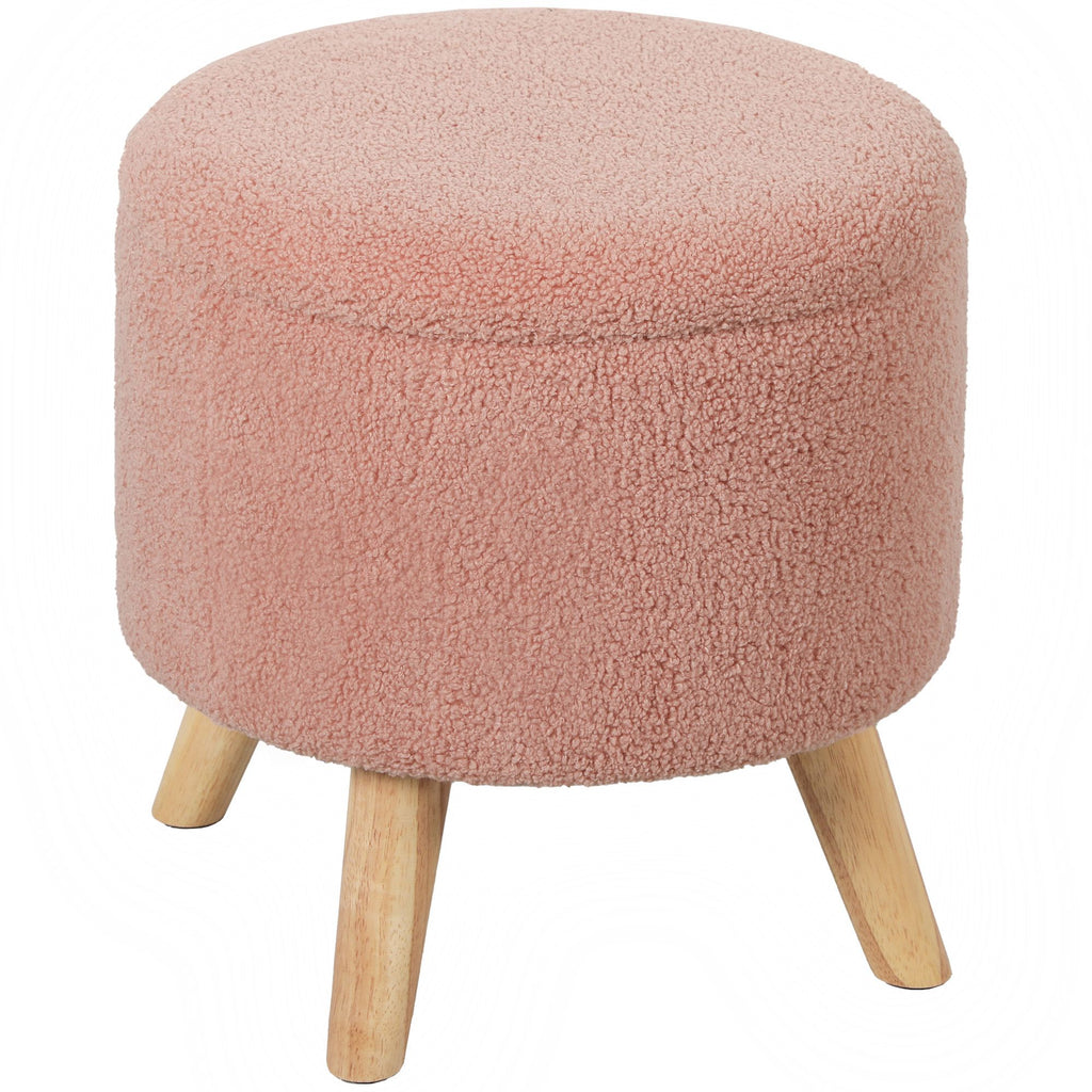 Round Ottoman Stool with Storage, Linen Upholstered Foot Stool with Padded Seat, Hidden Space and Wood Legs, Pink